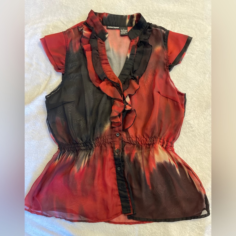 Cotton Express Red and Black Ruffled Blouse